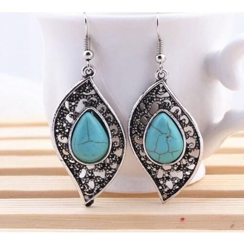 New Natural Stone women long statement Pendant earrings vintage Retro Hollow out Earrings For women