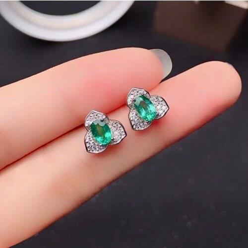 100% Natural Emerald Stud Earrings for Office Woman 4mm*6mm Emerald Silver Earrings 925 Sterling Silver Emerald Earrings