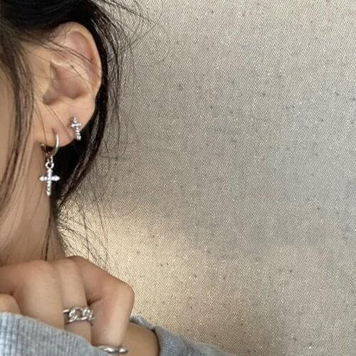 2pcs/set Hip hop Punk Girls Jewelry Accessories Fashion Geometric Silver Color Cross Crystal Inlay Dangle Earrings For Women
