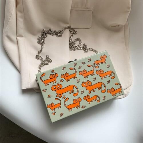 Women Cartoon Print Pu Leather Shoulder Bag Girls Box Shape Handbags Women Chain Messenger Bags Ladies Lovely Animal Pattern Bag