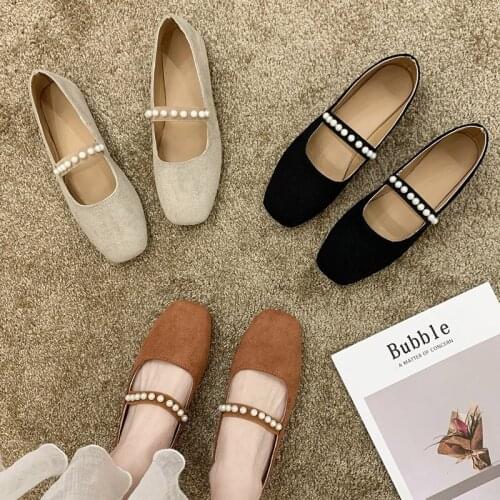 Autumn Woman Flats Pearls Mary Janes Shoes Female Faux Suede Elastic Band Boat Shoe Ladies String Bead Zapatos Mujer