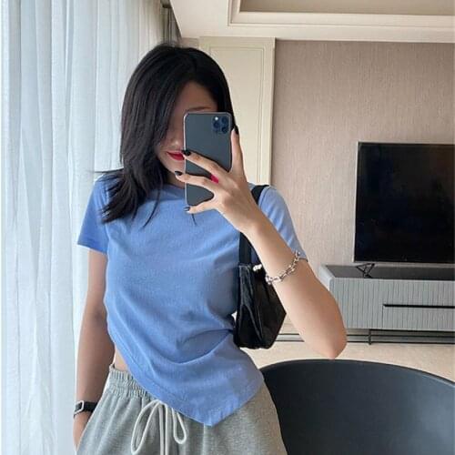 Irregular Crop Top T Shirt Women 2021 Summer New Solid Color Korean Style Tops Bareback Slim Womens White Cotton T-Shirt Design