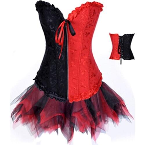 Women Satin Sexy Corset Black & Red Lingerie Sets Steampunk Zipper Top Waist Trainer Corsets And Bustiers Plus Size XXL