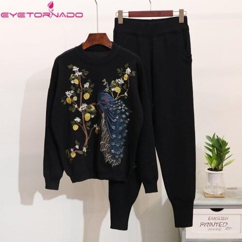 Women 2 piece Pant Set Tracksuit Winter Casual Flower Peacock Embroidery Knitted Top+ Long Trouser Pant Suit Sports Outfit