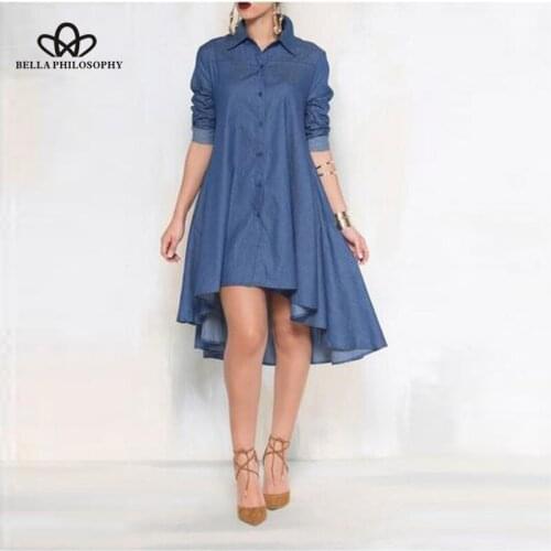 Bella Philosophy 2019 Spring Women Long Sleeve Irregular Dress Female Denim Casual Solid Mid-Calf Turn-Down Collar Dress