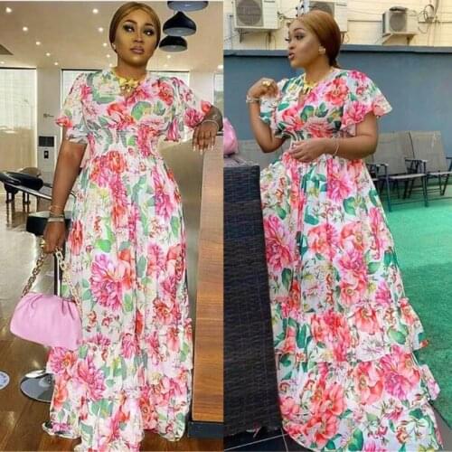 Women Dresses Summer 2021 Sexy V Neck Floral Print Boho Beach Dress Ruffle Short Sleeve A Line Long Dress African Sundress Robe