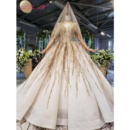 AnXin SH Luxury princess flower champagne lace boat neck beading crystal golden bride wedding dress 100% real photo