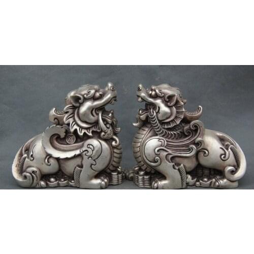 Zhmui88002840799+++6" Chinese FengShui Silver PiXiu Unicorn Beast Wealth Evil Spirits Statue Pair