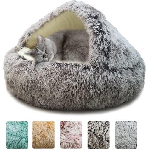 2 In 1 Cat Bed Pet Dog Cat Bed Round Plush Cat Warm Bed House Soft Long Plush Bed For Small Dogs For Cats Nest