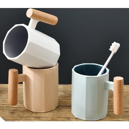 350ml Bathroom Tumbler Cup Mouthwash Cup with Wood Handle for Countertops, Holds Toothbrush, Toothpaste, Makeup Brushes