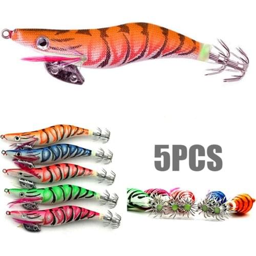 5PCS Wood Shrimp Lure 13g/11cm Luminous Squid Jig Fishing Squid Cuttlefish Jigs Lures Spinner Bait Wood Shrimp with 3 Hooks