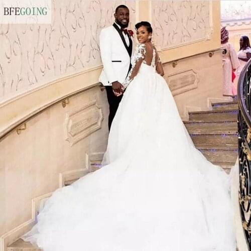 White Lace Tulle Long Sleeves Princess A-Line Wedding Dresses Chapel Train Floor-Length Bridal Gowns Custom Made