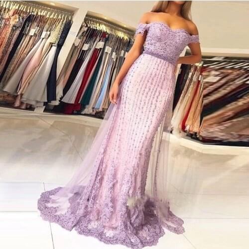 Brand Designer Prom Dresses Lilac Formal Gowns With Bead gala jurken balo elbiseleri Prom Dress Mermaid Applique Off Shoulder