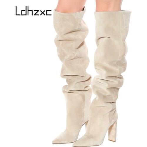 LDHZXC 2020 brand design fashion women over the knee high heel boots shoes woman winter black warm snow long boots woman size 44