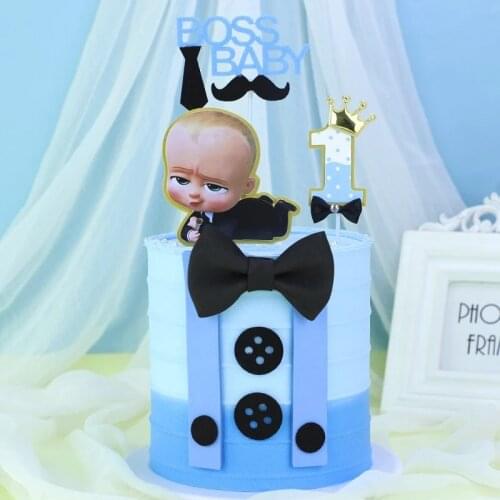 Baby Boss Paper Birthday Cake Topper Blue Number Button Bow Tie Baking Cake Topper for Kids Birthday Cupcake Decoration Supplies