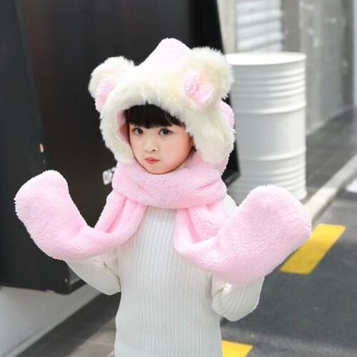 Autumn Winter Rabbit Ear Children Scarf Lovely Girl Boy Beanie Cap Warm Plush Hat Scarf Glove Set Thick Hat+Hooded Soft Scarves