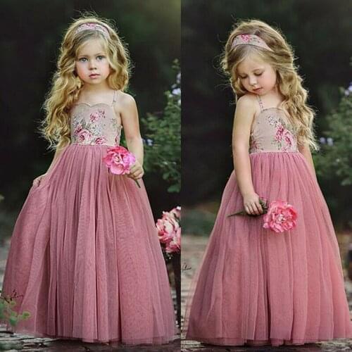 Kids Girl Lace Flower Dress Maxi Long Princess Party Dresses Gown Formal Dress Sweet Mesh Flowers Ball Gown Ankle-Length Dress