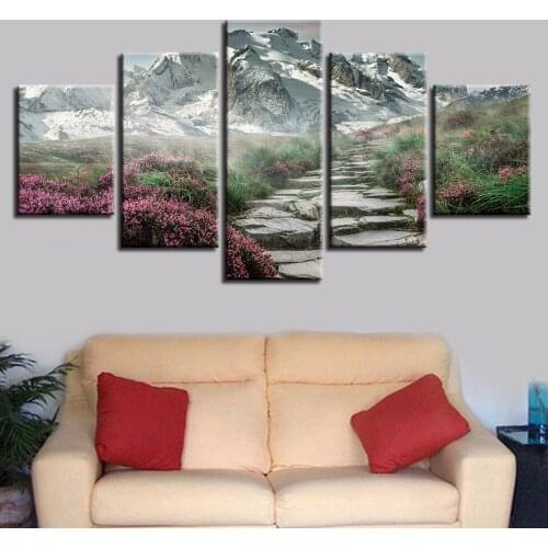 HD image Print 5 modular posters of mountain flower road landscape paintings in an artist decorated bedroom on canvas