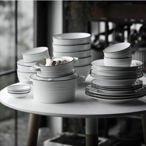 European-style Relief Blue-edged Ceramic Tableware Set Household Hotel Rice Bowl Soup Bowl Dishes Binaural Bowl Western Plate