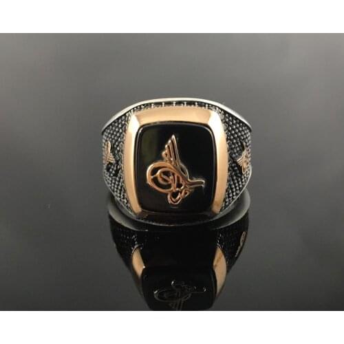 LARGE Black Muslim Tattoo Ring 925 SILVER RECTANGULAR Large black Stone MIDDLE LARGE BRICK Ring TWO SIDES BRICK PATTERNED Fathe