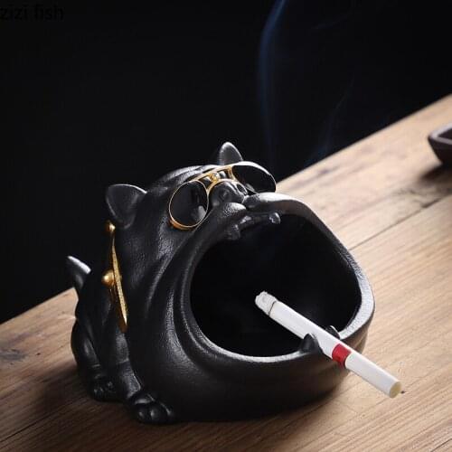 Creative Black Frosted Ceramic Ashtray Cartoon Animal Sunglasses Dog Ash Storage Household Wind Ashtray Gift Home Decoration New