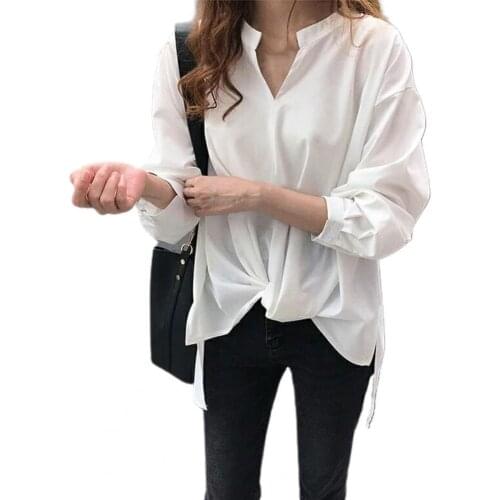 Fashion Women Autumn Loose Solid Color Chiffon V Neck Long Sleeve Blouse Top