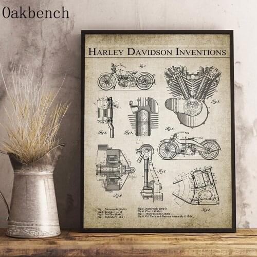 Motorcycle Inventions Wall Art Posters Engine Patent Painting Mechanical Engineering Poster Retro Wall Pictures Bedroom Decor