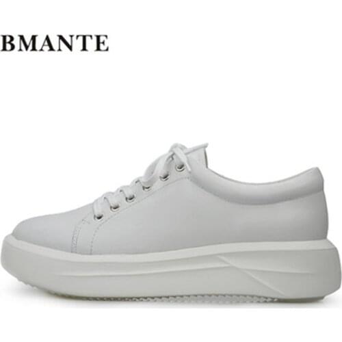Bmante Genuine Leather Men Shoes Lace-Up Flats Solid White Black Spring Sneaker Thick Bottom Trainers Summer Male Adult Shoes