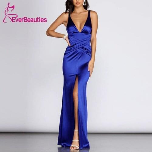 Spaghetti Straps V-Neck Evening Dress Long 2020 Satin Vestidos De Fiesta Mermaid Side Split Robe De Soiree вечерние платья