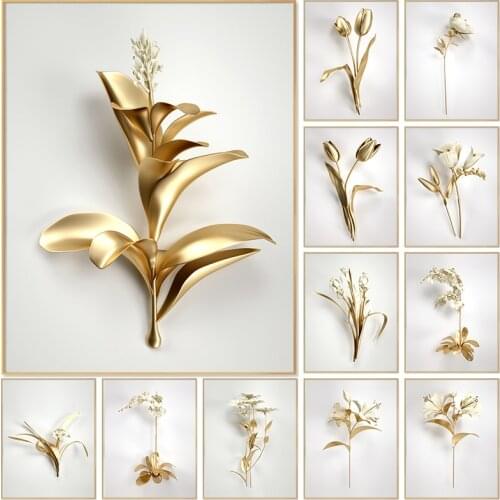 Golden Flower Wall Art Canvas Poster Print metals Flora Modern Canvas Painting Decoration Home Wall Pictures Abstract Decor Art