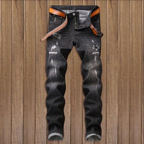 New high-end European and American denim beggar mens pants small straight slim embroidery mens jeans trend