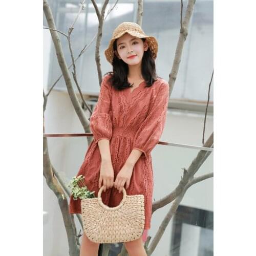 High quality fashion trendy 2018 design lantern seven sleeves V neck hollowed dress