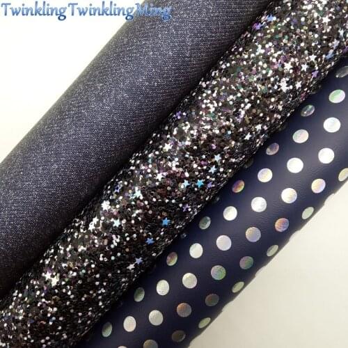 NAVY BLUE Glitter Fabric, Dots Printed Faux Leather, Synthetic Leather Sheets For Bow A4 21x29CM Twinkling Ming XM001B
