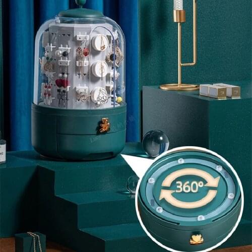 360 Degree Rotating Jewelry Storage Box Makeup Organizer Earring Display Stand Bracelet Necklace Plastic Box Large Capacity