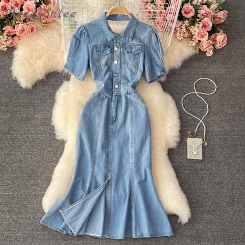 2021 Summer New Fashion Woman Denim Dresses Turn-down Collar High Waist Jeans Ladies Denim Fishtail Dress Vestidos