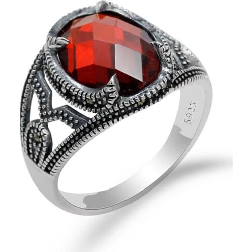 Vintage Women 925 Sterling Silver Ring Setting Red Cubic Zircon Thai Silver Natural Stone Rings For Women Antique Anel Feminino