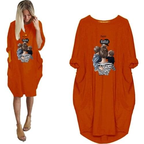 Plus Size Womens Midi Dress Long Sleeve Dresses Super Mama Print o Neck Loose Pocket Casual Vintage Vestidos Robe Femme Autumn