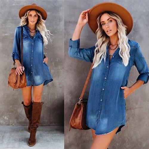 Woman Loose Long Sleeve Sexy Short Dress Turn-down Collar Denim Dresses Streetwear Fashion Blouse Autumn Spring For Women