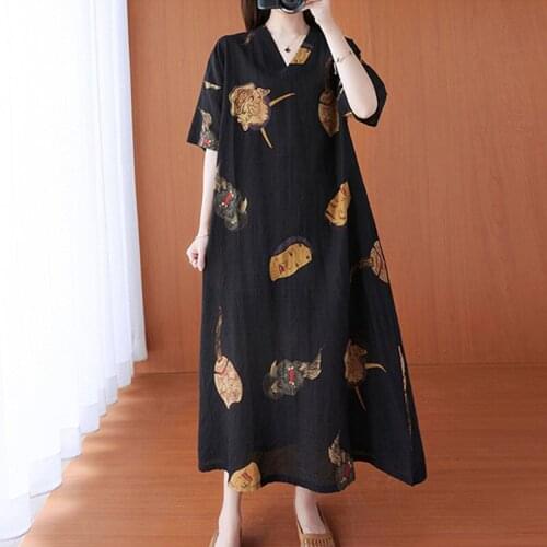 2021 New Arrival Thin Soft Cotton Loose Summer Dress Print Floral Vintage Dress Women Holiday Travel Casual Beach Style Dress