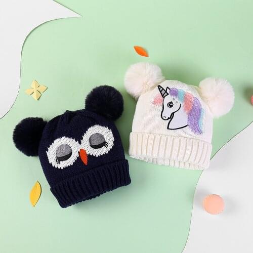 5-10 Years Unicorn Beanies Baby Hat with Pompon Winter Cartoon Cat Owl Knitted Hats Cute Casual Cap for Girls Boys Fashion Hat