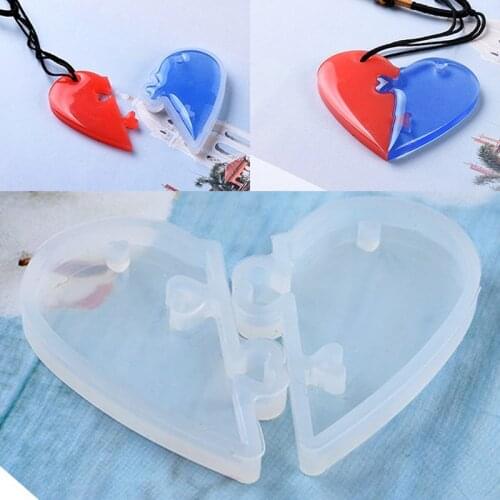 1pair DIY Puzzle Heart Love Silicone Mold Resin Craft Mould Tools For Necklace Making Decorating