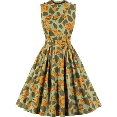 2021 Elegant Women Rockabilly Vintage 50s 60s Women Pin Up Dress Sleeveless Floral Printed Button Waist One-Piece Casual Dresses