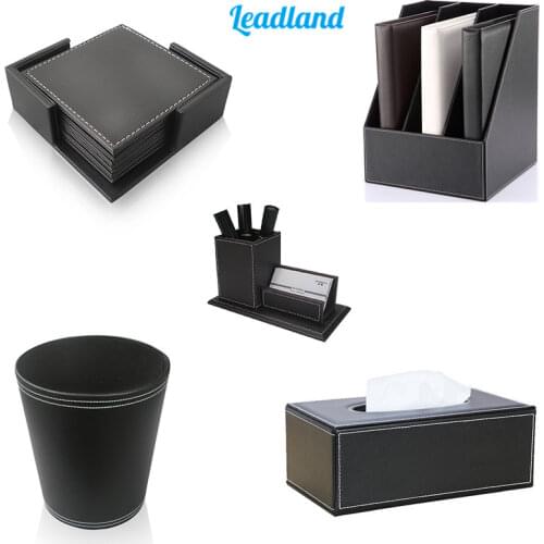 Kingfom PU Leather 5 Pcs/Set Desktop Organizer Sets File Rack Pen Holder with Card Stand Tissue Box Cup Coaster Trash Bins