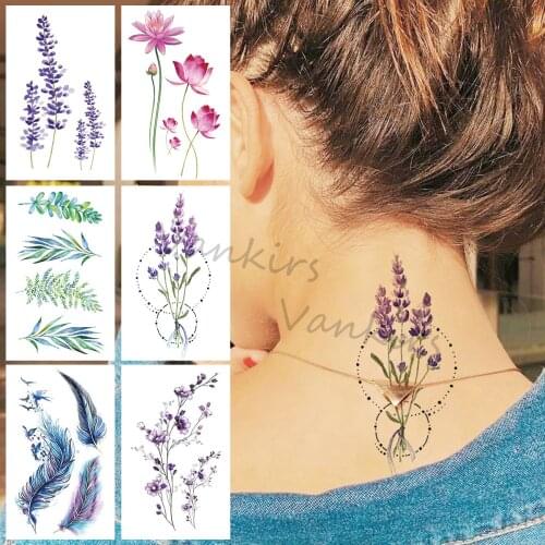 Watercolor Lavender Temporary Tattoos For Women Girls Lotus Leaf Waterproof Fake Tattoo Sticker Neck Arm Tatoos Summer Style