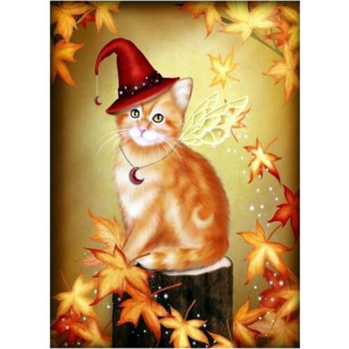 DIY round Diamond Painting Halloween Cross Stitch Mosaic Needlework cat maple leaves Rhinestones Diamond Embroidery Home Decor
