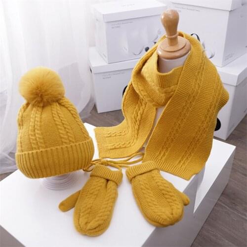 2021 NEW Baby Winter Warm Beanies Hat 3 Pcs Set For Boy Girl Hat Scarf Glove Kid Child Knit Pompom Cap Scarves Mittens Suit 1-5T