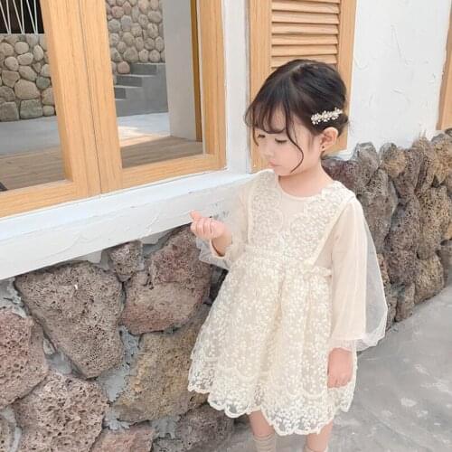 Kids Party Birthday Wedding Dresses For Girls Long Puff Sleeve Children Princess Lace Dress Girl Baby Toddler Clothes JW7681