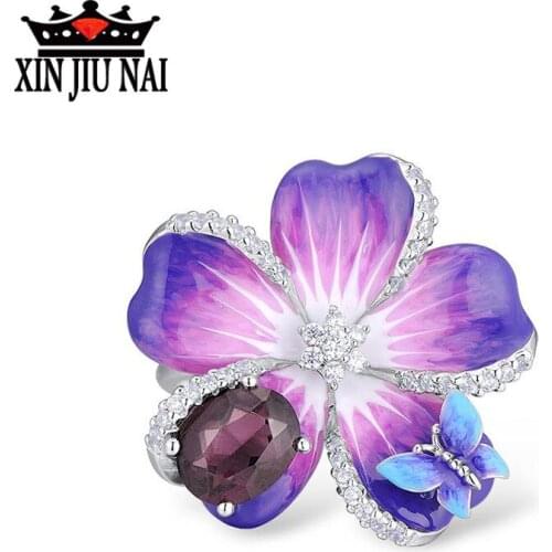 Elegant Butterfly Flower Petal Silver Zircon Ring for Women Enamel coloured cloisonne process Bands Evening Party Rings Jewelry