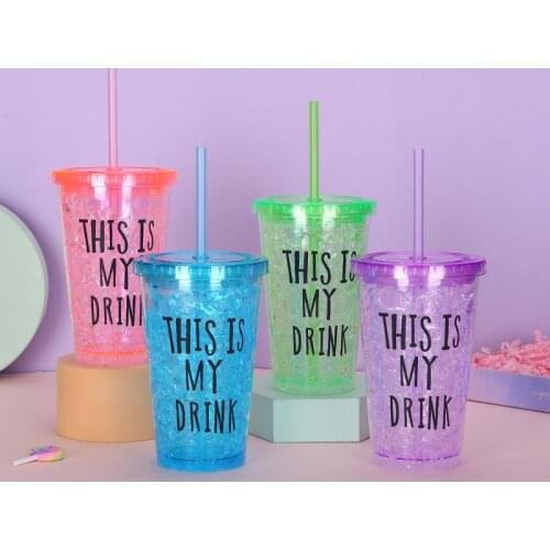 Fruit-colored Letter Cup Summer Ice Cup Double-layer Plastic Straw Cup Flat Cover Broken Cold Water Cup Cute Water Bottle