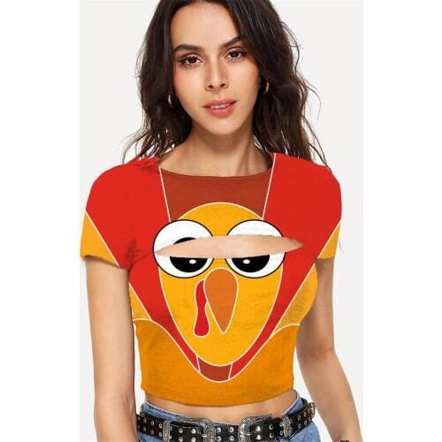 Somepet Thanksgiving T shirt Women Animal Navel Bare Colorful Tshirt Printed Funny Hollow Out T shirts Short Sleeve Summer New